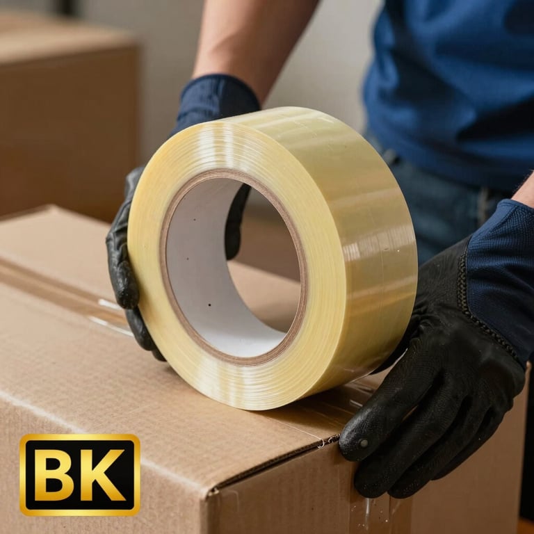 Detailed shot of a mover's gloved hand securing a box with high-quality packing tape.