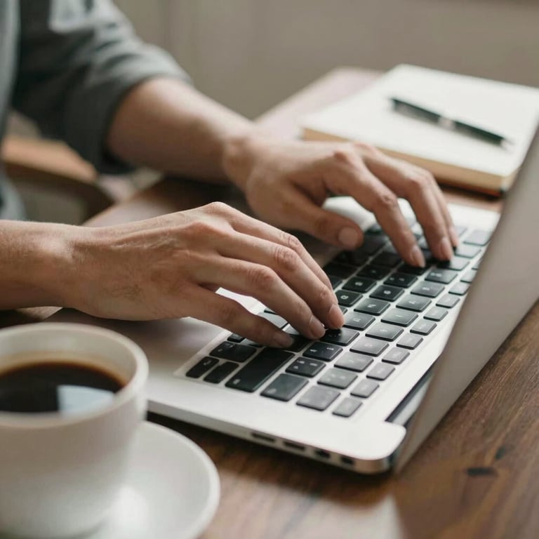 Close-up of hands typing on a laptop with a cup of coffee and notebook, soft morning light, Iberian Peninsula.