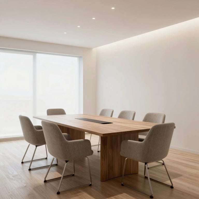 A brightly lit boardroom with a minimalist aesthetic, high-quality furniture, Iberian Peninsula.