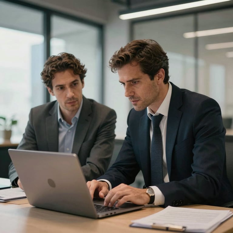 Two executives in a modern office in Madrid discussing strategy over a laptop, professional attire, Iberian Peninsula.