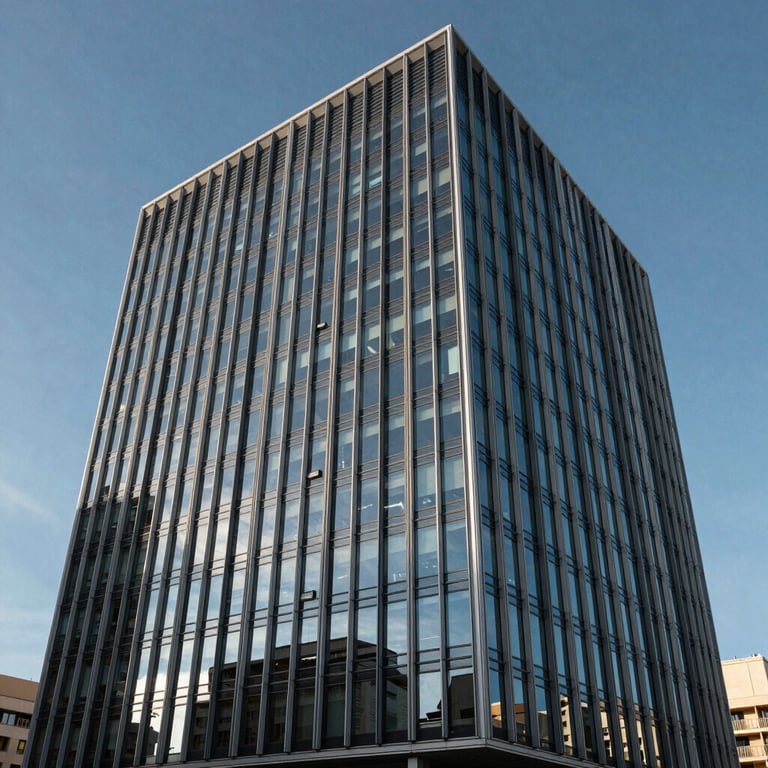 Exterior of a sleek, modern corporate building in Barcelona, glass reflecting the blue sky, Iberian Peninsula.