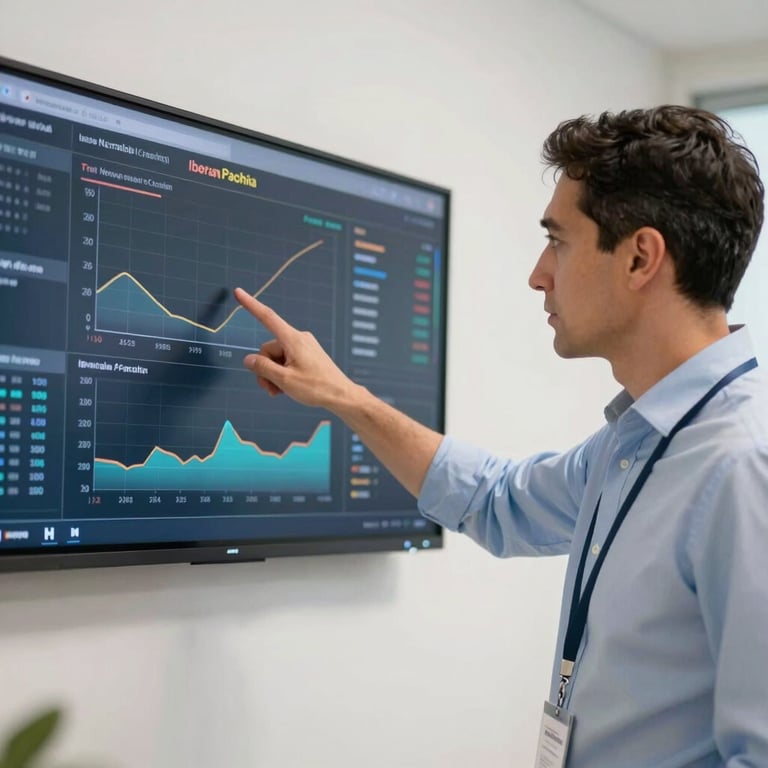 A professional financial advisor pointing at a digital dashboard on a wall-mounted screen, focused expression, Iberian Peninsula.