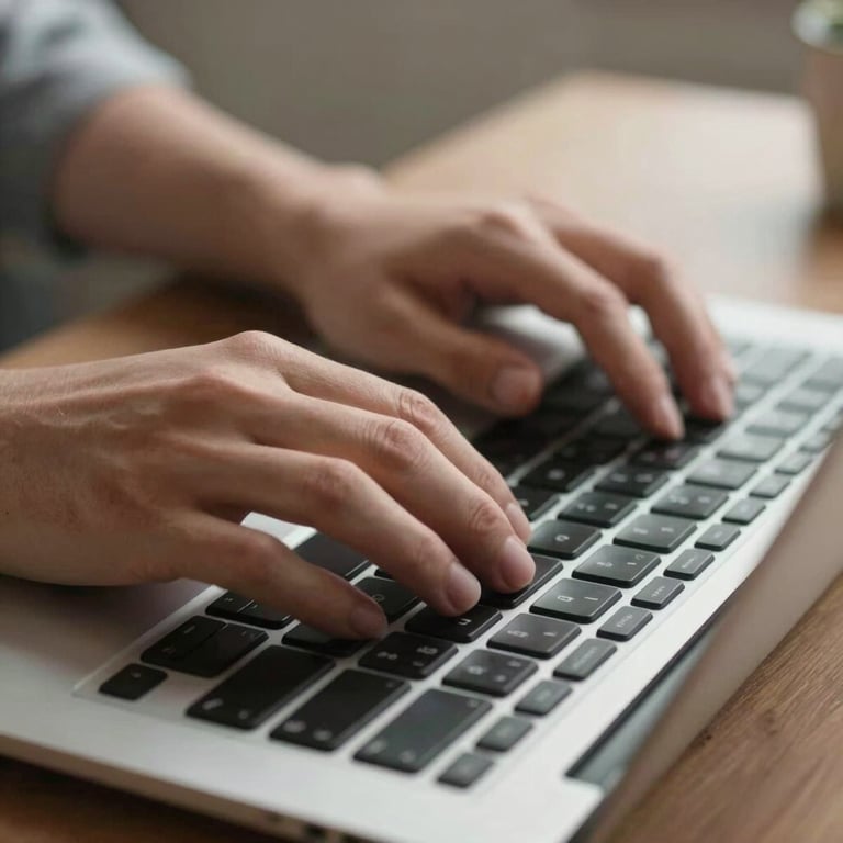 Soft lighting over a pair of hands typing on a sleek keyboard, representing meticulous SEO work.