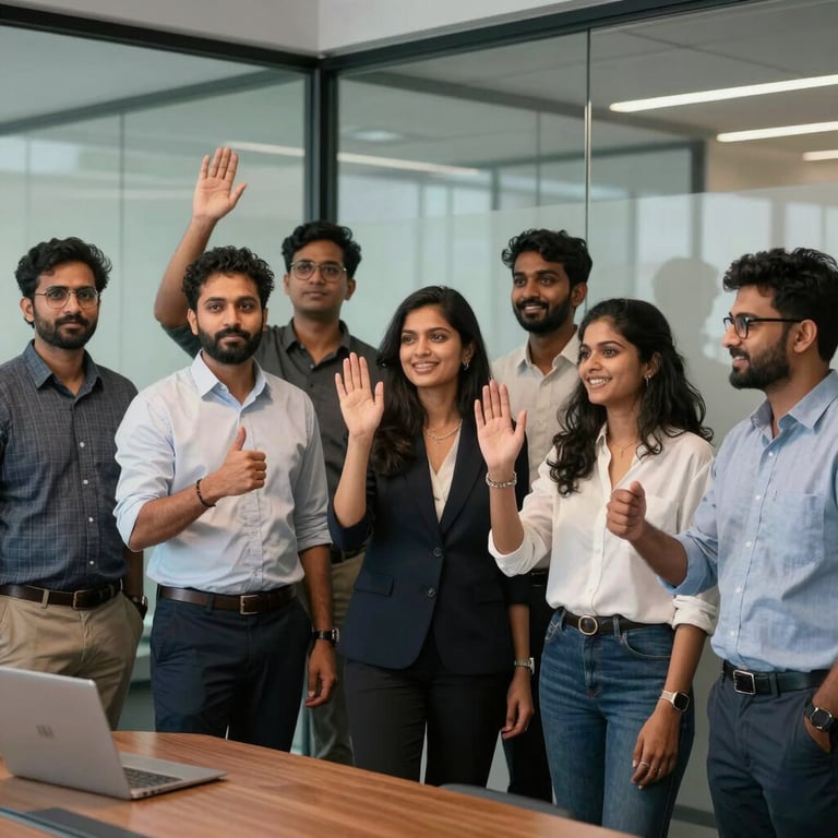 A group of diverse South Asian colleagues celebrating a milestone in a glass-walled conference room.