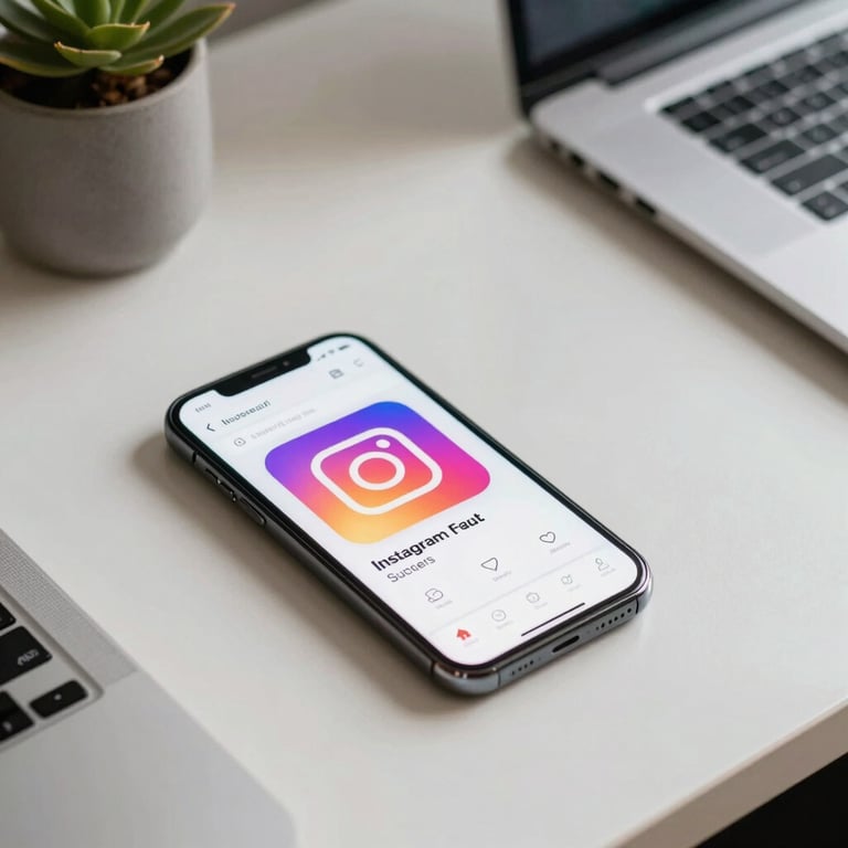 Close-up of a modern desk setup in an Indian tech hub with a smartphone showing a successful Instagram ad.