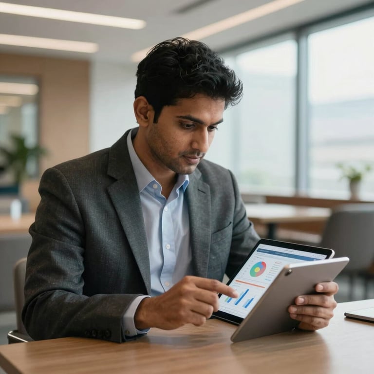A focused South Asian professional analyzing web performance data on a tablet in a high-end corporate lounge.
