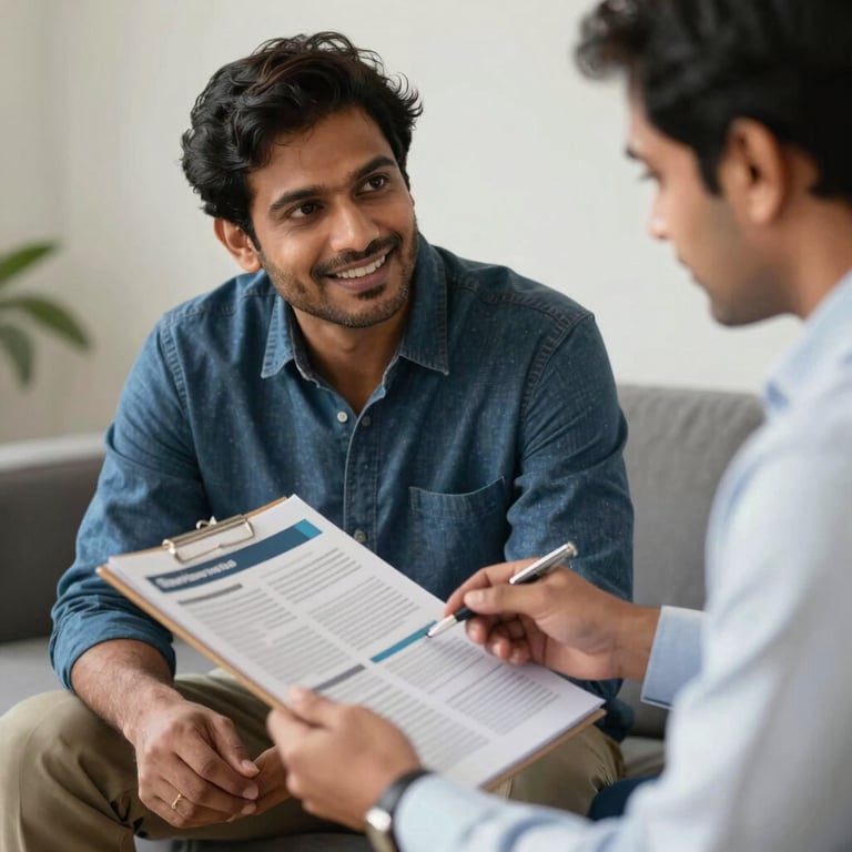 A satisfied business client in South Asia reviewing a physical marketing report with a professional consultant.