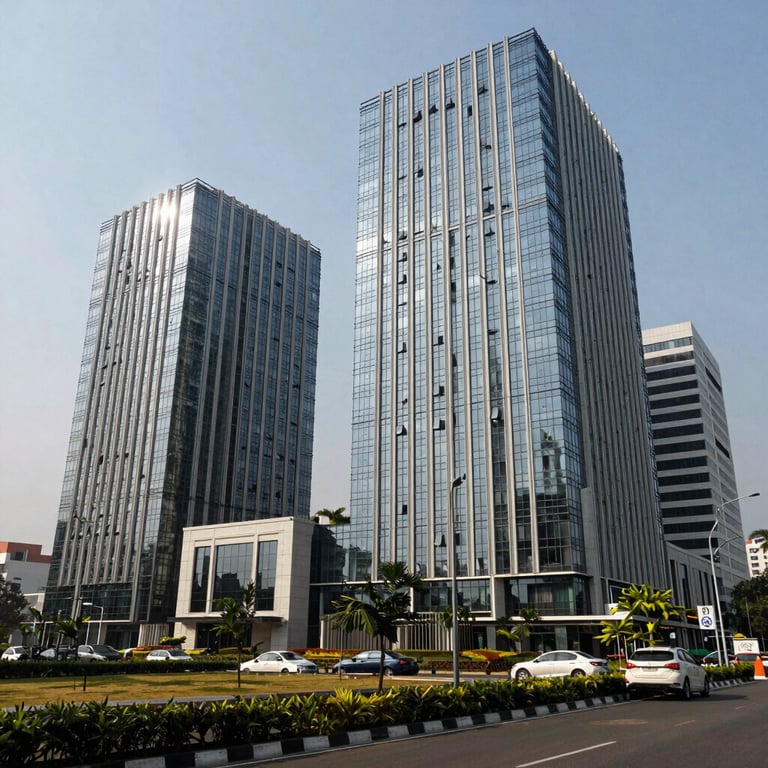 An outdoor shot of a modern business park in Coimbatore, symbolizing local growth and digital evolution.