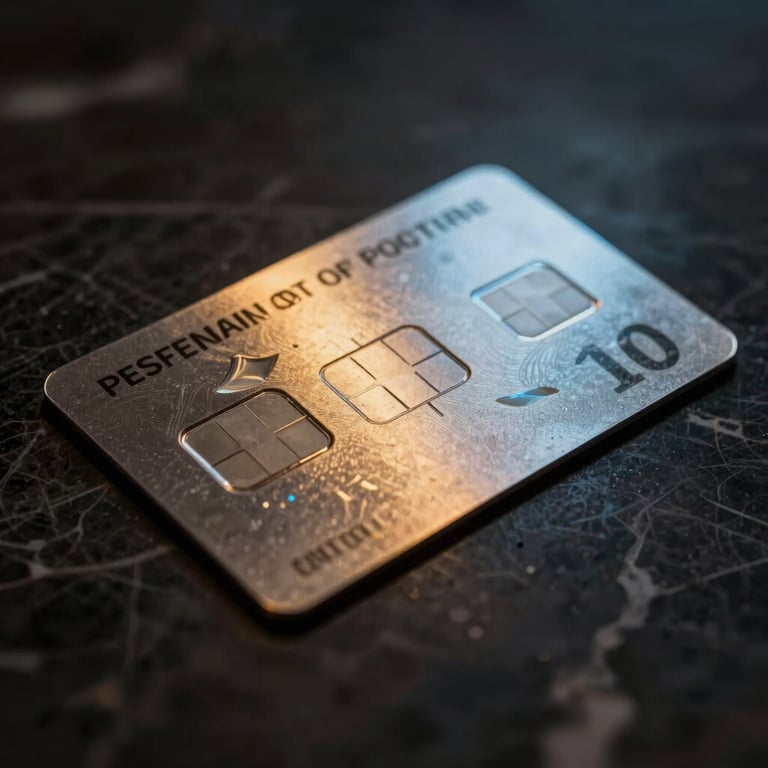 Close-up of a premium physical metal card resting on dark marble, dramatic chiaroscuro lighting, subtle gold and blue ambient light leaks reflecting off the metallic surface