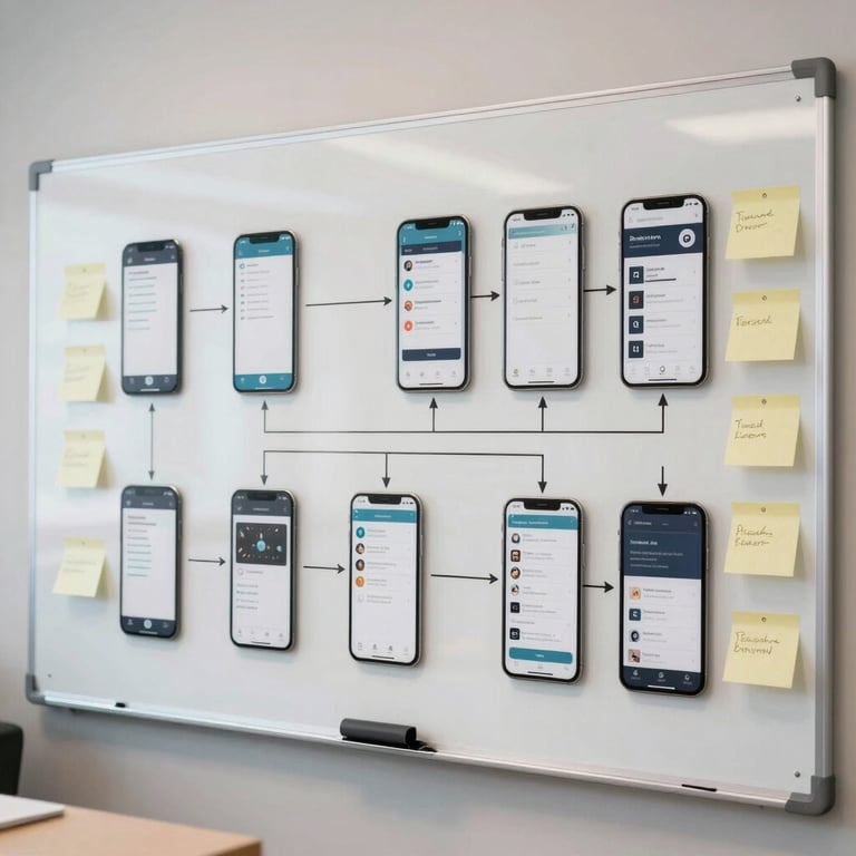 A whiteboard filled with mobile app architecture diagrams and sticky notes in a clean meeting room.