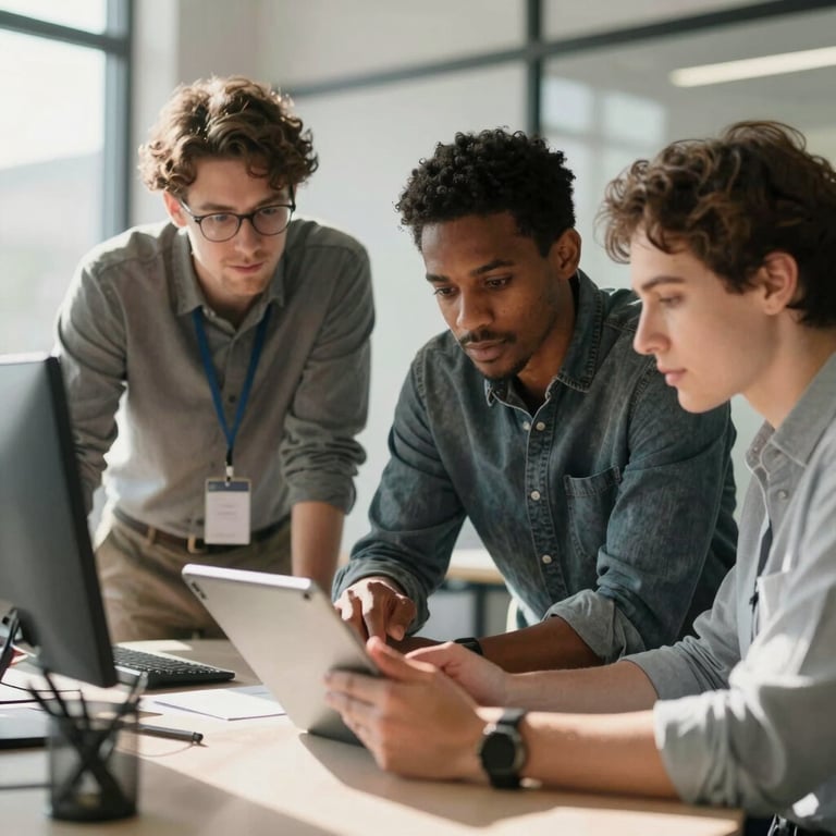 A diverse team of developers in a sunlit North American office collaborating over a tablet device.