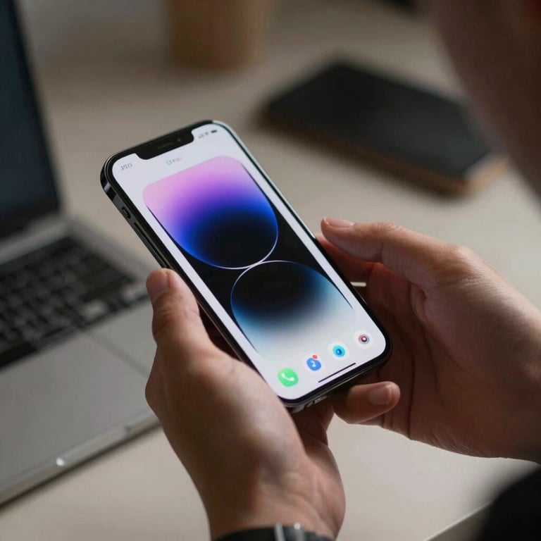 A person’s hands holding a premium mobile phone in a professional setting, interacting with a modern app.