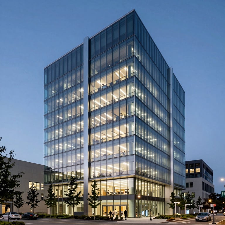 Modern architecture of a North American tech hub office building at dusk with soft blue indoor lighting.