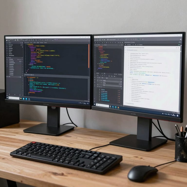 A professional workspace with a dual-monitor setup showing app design software and clean code scripts.