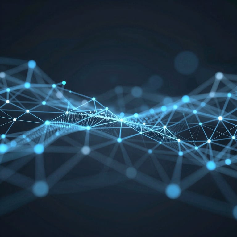 Abstract visualization of data flowing through digital nodes, styled with #6C8CA7 and #0E1B25. Innovative and high-tech feel.