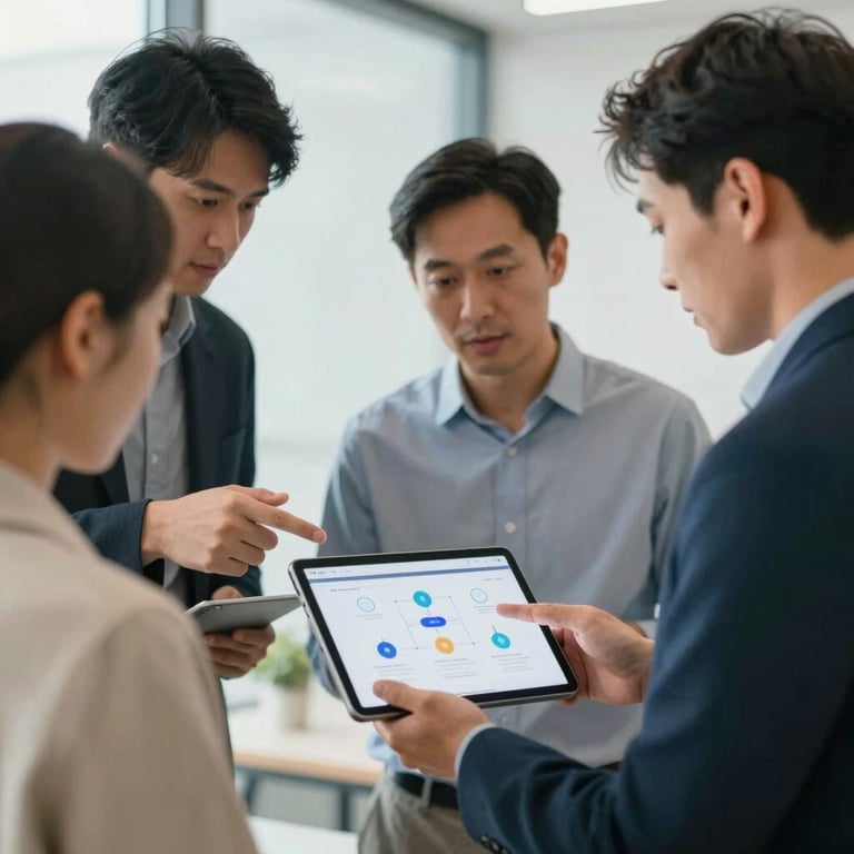 A team of three professionals discussing a web architecture on a tablet. Collaborative and innovative environment.
