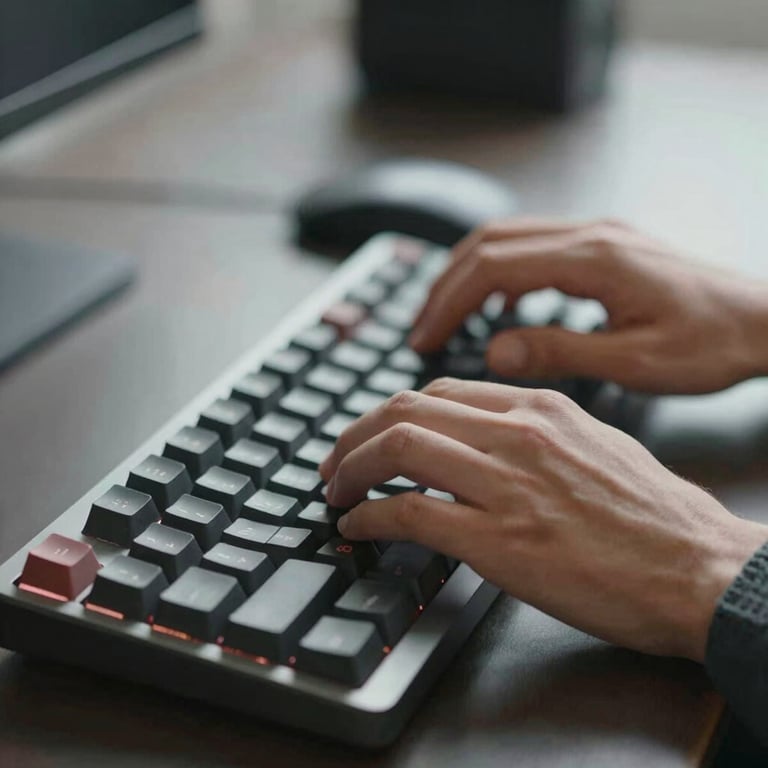 A developer's hands typing on a high-end mechanical keyboard, soft focus, professional lighting, modern tech vibe.