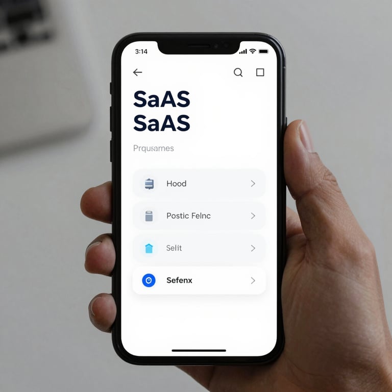Close-up of a mobile phone displaying a sleek user interface for a SaaS product. Trustworthy and modern design.