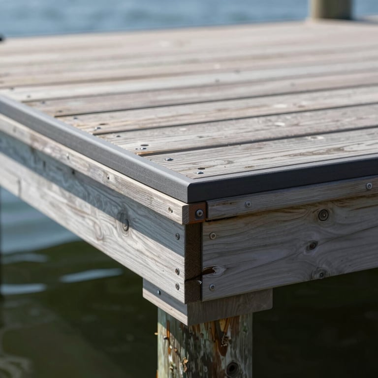 Close-up of high-quality hardware and joinery on a newly constructed dock, highlighting meticulous care.