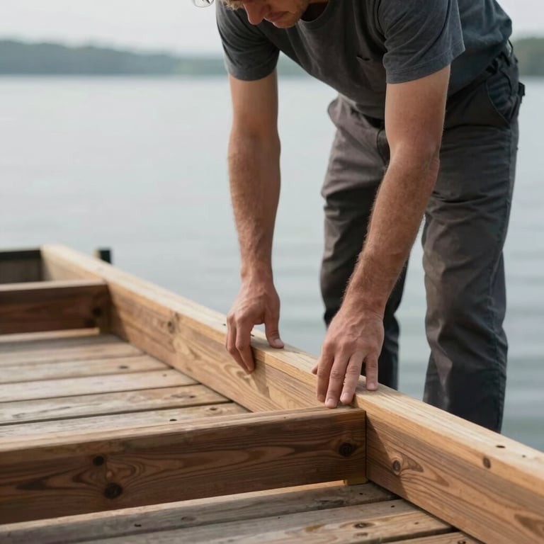 Professional craftsman inspecting a wooden dock frame, with deep #1B3A4B tones in the timber and a soft #A0CBD9 lake background.