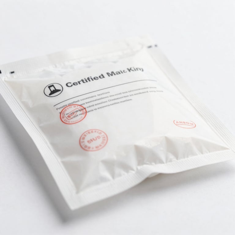 Straight-on close-up of certified medical supplies, sterile packaging with official inspection stamps, high-key clinical studio lighting, sharp focus.