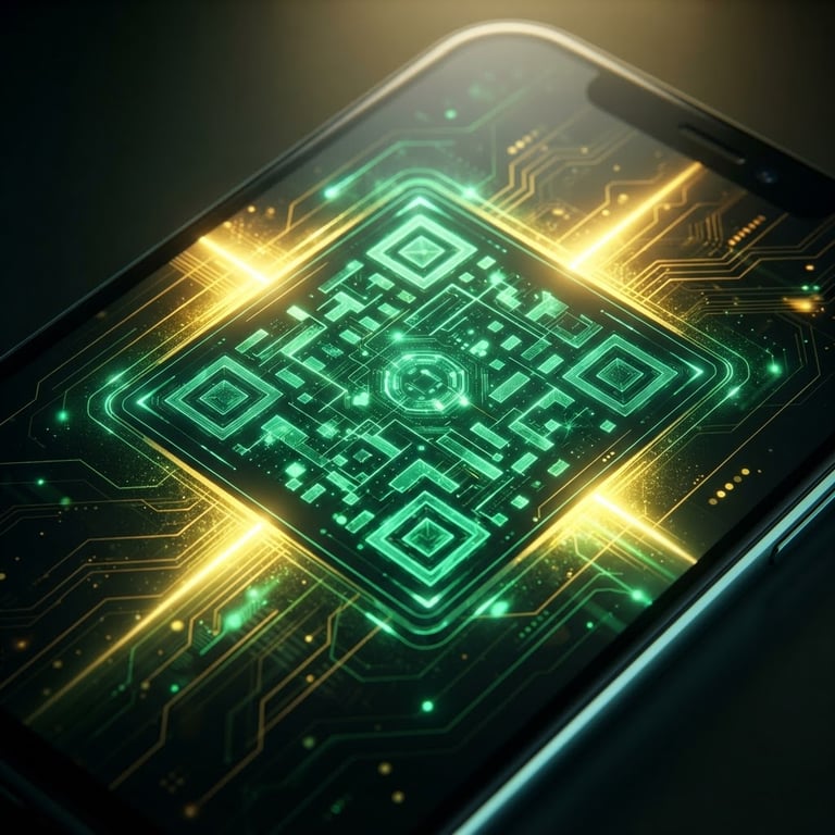 Sleek mobile screen showing a glowing cyber green LINE QR code, high-contrast neon gold backlighting, sharp focus, 3d render