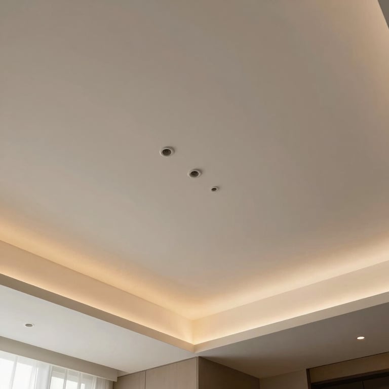 Contemporary POP false ceiling design with integrated warm LED strip lighting in a high-end residence.