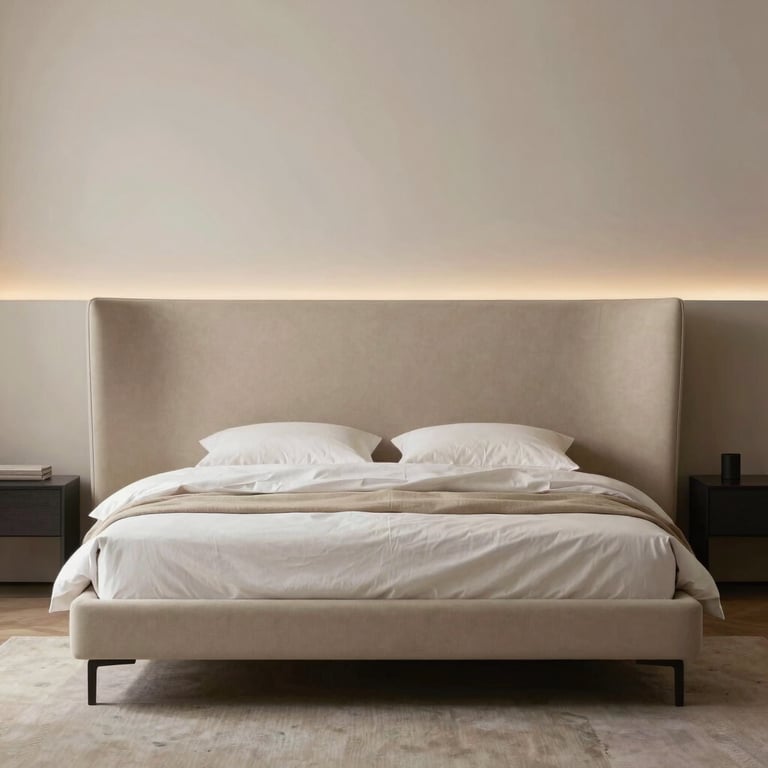 A minimalist luxury bedroom with a king-size bed, nude-colored upholstered headboard, and soft ambient lighting.