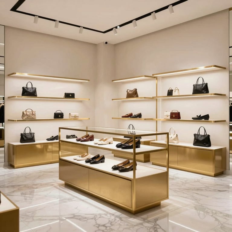 Sleek retail interior for a high-end boutique with marble flooring and sophisticated gold-accented display shelving.