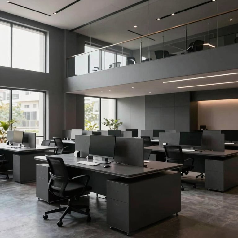 Productive minimalist office workspace with charcoal desks and sleek architecture in a Ghaziabad commercial building.