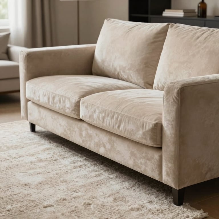 Living room spatial styling with bespoke champagne-colored furniture and a textured off-white rug.
