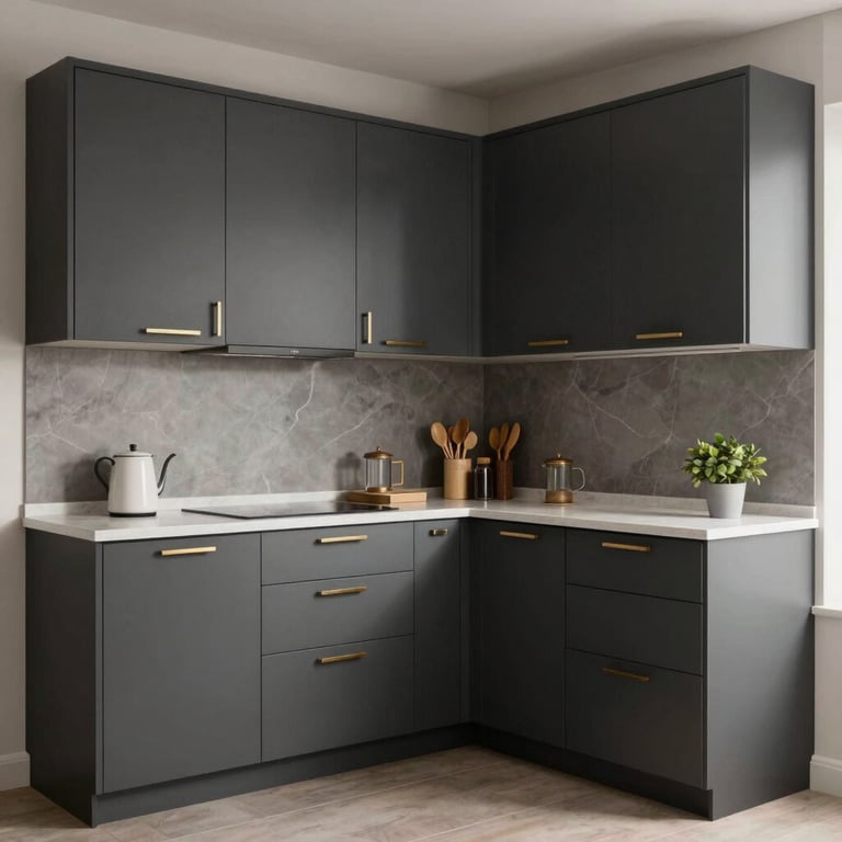 Modern L-shaped modular kitchen with matte charcoal cabinets and gold handles in a premium South Asian apartment.