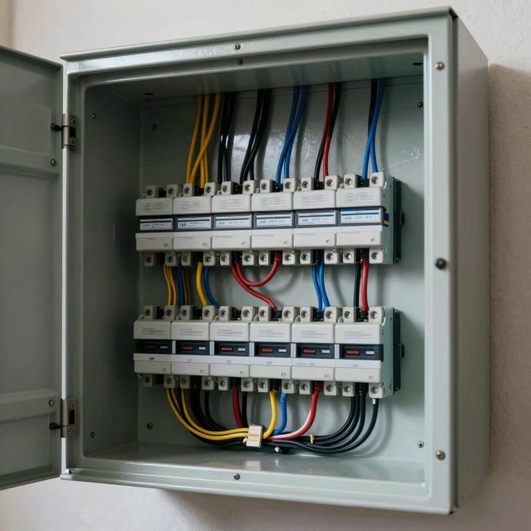 High-resolution photography of a professional electrical panel with perfectly organized wiring in a South American / Brazilian residential building, showcasing expertise.