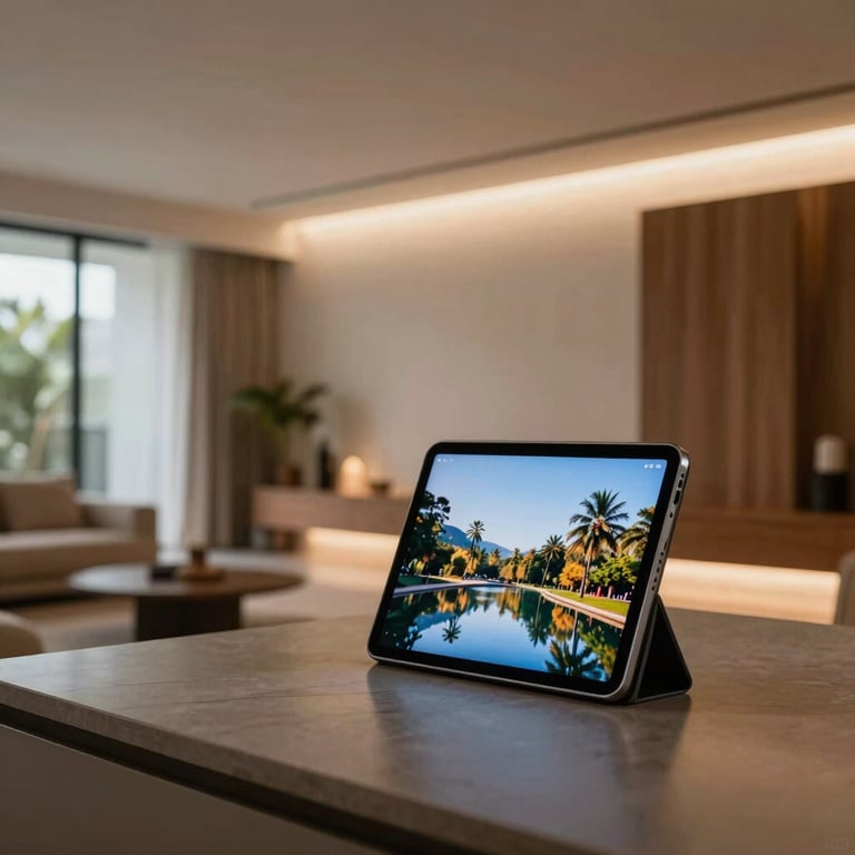 An elegant residential interior with automated ambient lighting controlled by a tablet, reflecting a modern South American / Brazilian lifestyle.