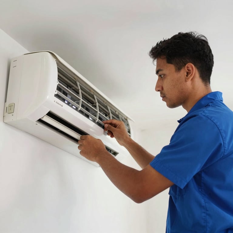 A technician in a professional royal blue shirt installing a split air conditioning unit in a bright South American / Brazilian apartment.