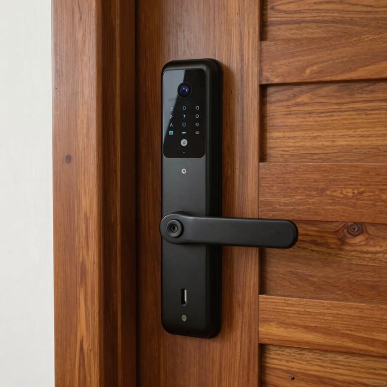 Close-up of a high-tech smart lock and video doorbell system installed on a modern wooden door in a South American / Brazilian house.