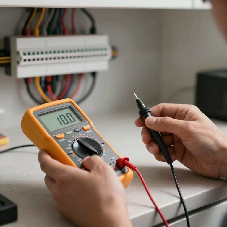A sharp, high-quality photograph of a professional checking electrical circuits with a digital multimeter in a modern kitchen setting.