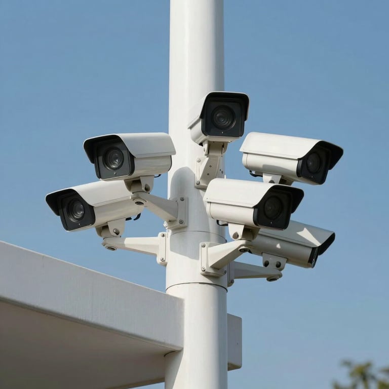 A cluster of high-definition security cameras mounted on a minimalist white architectural structure against a sky blue backdrop.