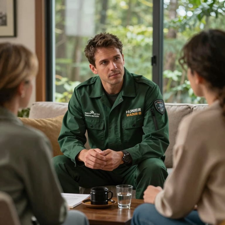 An authoritative professional in a dark forest green uniform providing a consultation to a homeowner in a North American / US living room.