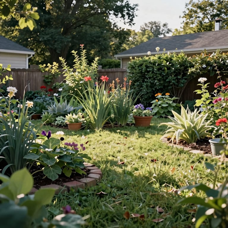 A peaceful, pest-free North American / US backyard garden during a bright afternoon, showing a safe and well-maintained environment.