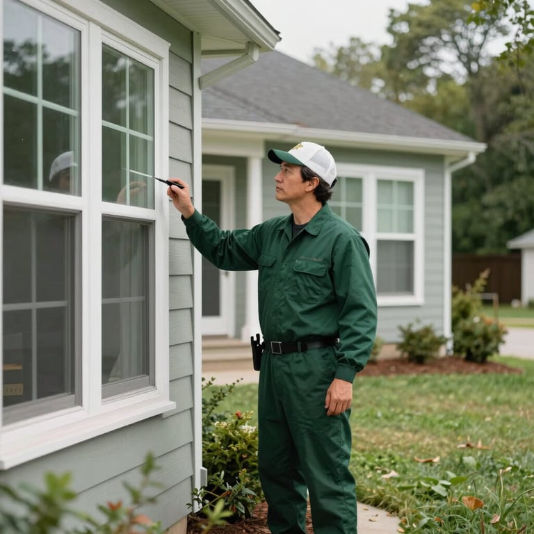 A professional pest control technician in a dark forest green uniform inspecting the exterior perimeter of a modern North American / US suburban house.