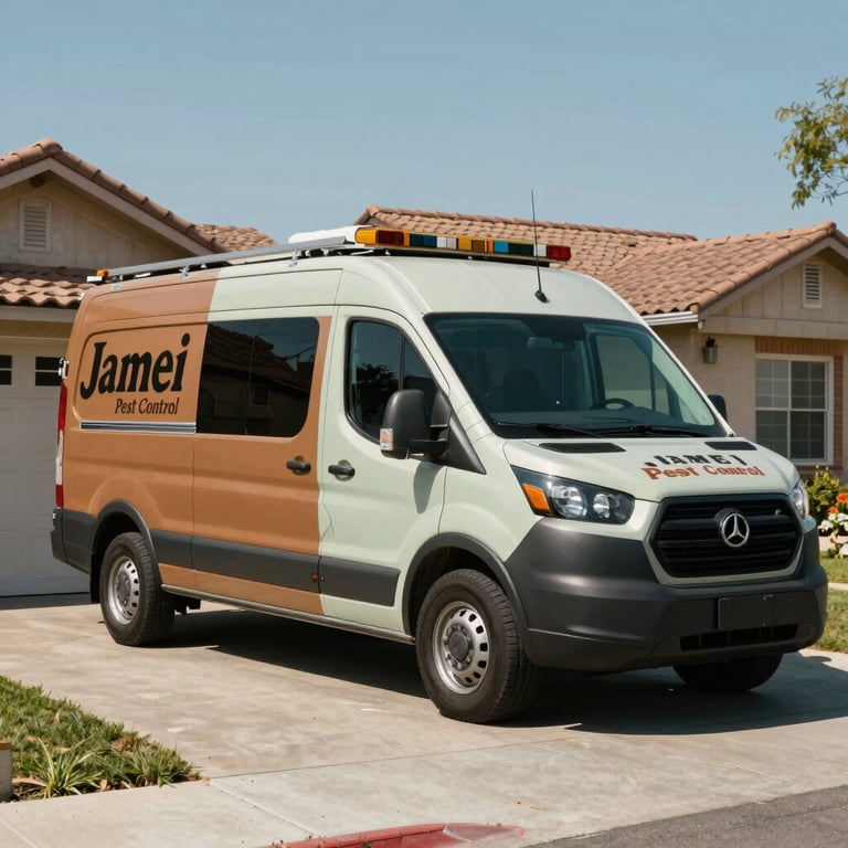 A service van for Jamei Pest Control parked in a sunny North American / US residential driveway in Visalia, California, with earthy brown and sage green accents.