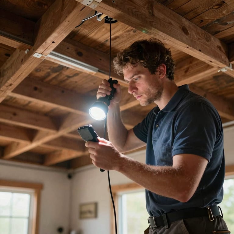 A professional technician using a flashlight to inspect a clean attic space in a North American / US home, emphasizing thoroughness and reliability.