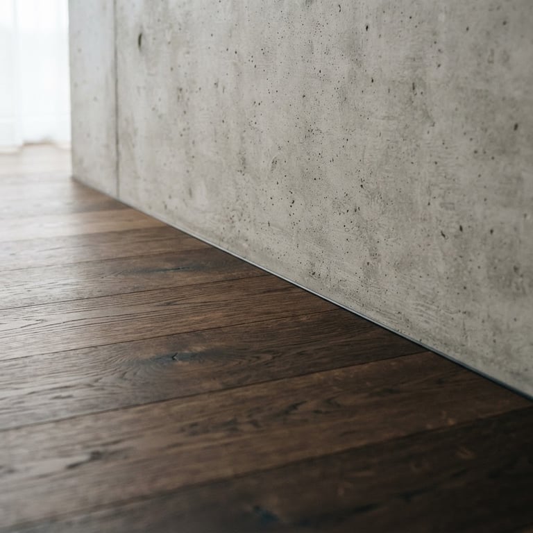 Close-up architectural detail of a perfect material junction between poured concrete and dark oiled oak, soft diffused daylight, sharp focus, minimalist composition.