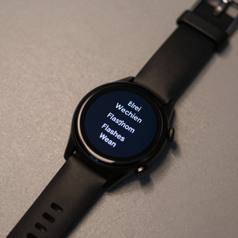Overhead flat-lay of a Wear OS smartwatch face displaying vocabulary flashcard text on a dark circular screen, watch resting on a neutral matte desk surface under neutral studio light