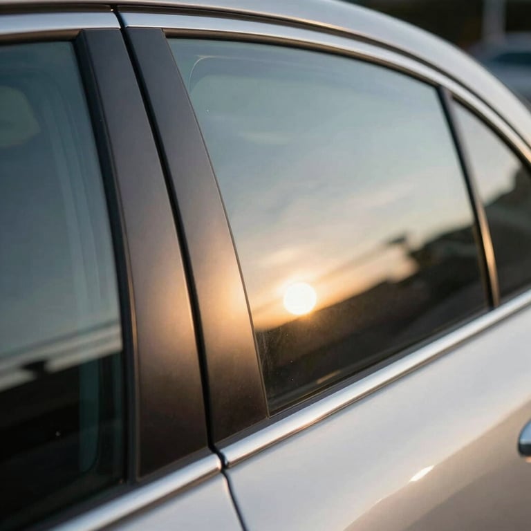 The sun reflecting off a flawlessly polished car window after a premium replacement service.