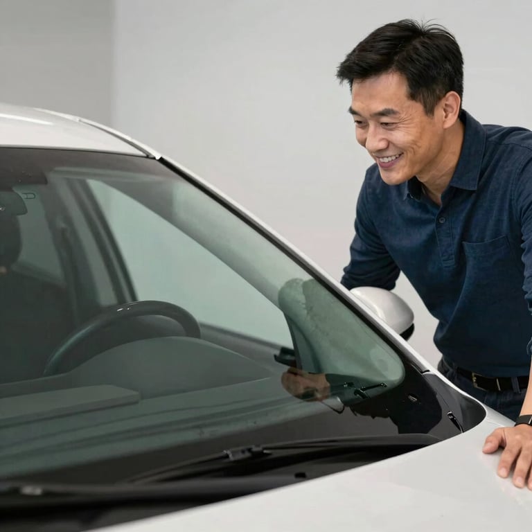A modern North American customer smiling while looking at their repaired vehicle windshield.
