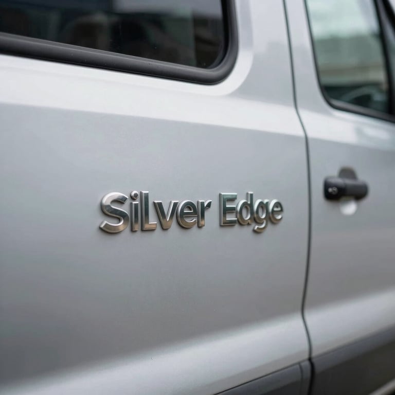 A detail shot of the Silver Edge logo on the side of a clean, silver service vehicle.