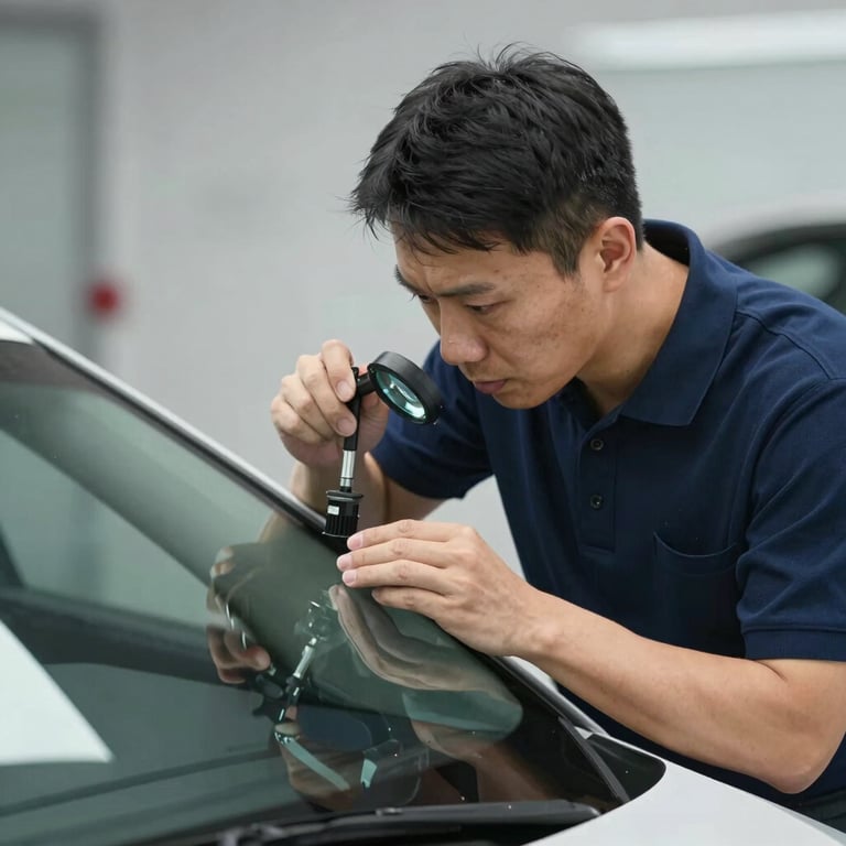 A technician in a professional dark blue polo shirt inspecting a windshield with a magnifying tool.