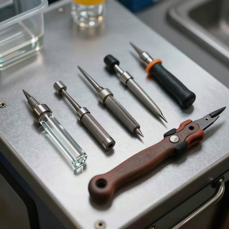 A row of specialized glass repair tools organized neatly on a silver workstation.